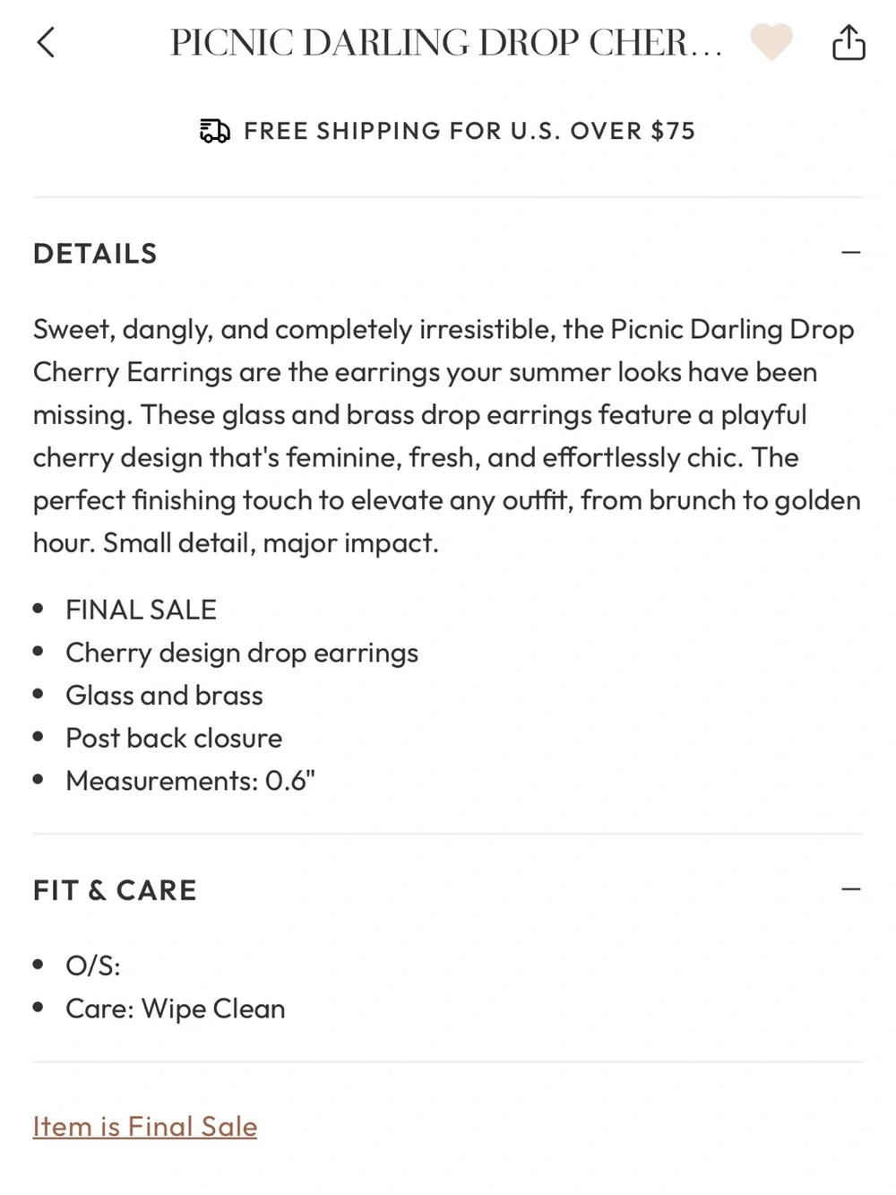 Vici Picnic Darling Drop Cherry Earrings NWT